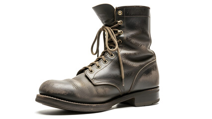 A worn leather boot, showing its age and character, sits alone