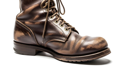 Close-up shot of a well-worn leather boot with laces 