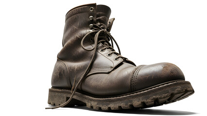 An old leather boot with laces, showcasing its rugged, worn texture and detailing