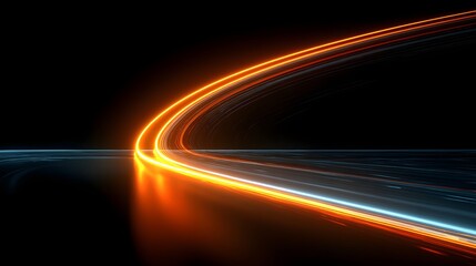 Abstract orange and blue light trails curve dramatically across a dark reflective surface creating motion blur
