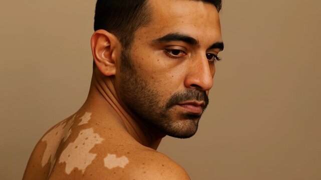 thoughtful young man with vitiligo on shoulder looking back over bare skin against neutral background in studio closeup portrait