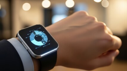 Close-up of a persons wrist wearing a smartwatch displaying a data chart.