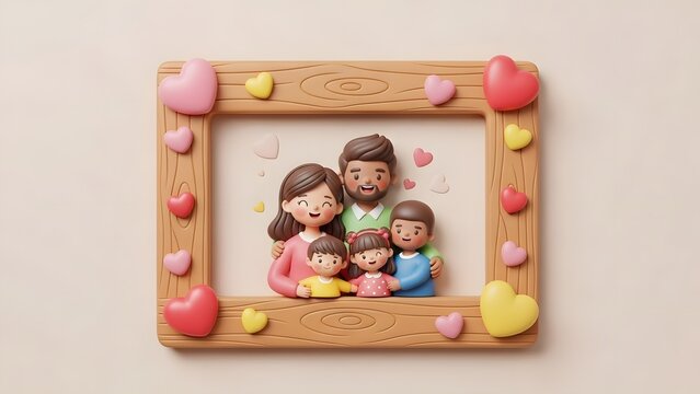 Happy Clay Style Family Portrait in Heart-Decorated Wooden Frame