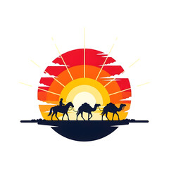 Desert Camel Caravan Journey at Sunset | Middle East Travel & Safari Adventure Vector Illustration