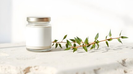 Blank glass jar cosmetic bottle mockup with green leaves, natural eco-friendly product, skincare beauty care