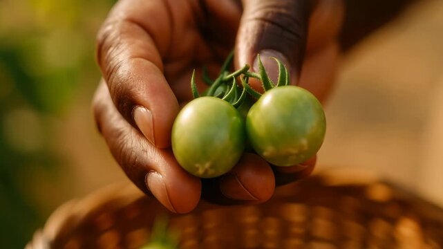 Closeup of farmer hand holding freshly picked green cherry tomatoes above basket during organic vegetable harvest in warm sunlight