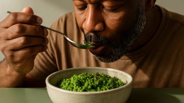 middle aged man eating vibrant green couscous with spoon while sitting at table in warm natural light