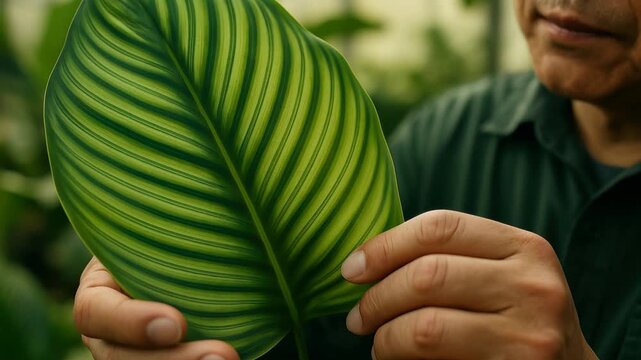 senior botanist carefully inspecting vibrant green tropical leaf with detailed veins inside lush greenhouse environment