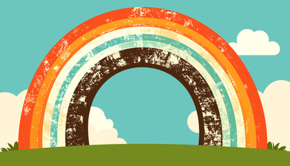 Illustration of a rainbow over a green field with a blue sky and clouds.