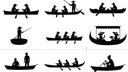 Traditional boat rowing silhouettes illustration, fishermen paddling canoes and gondolas, cultural water transport scenes, black vector icons isolated on white background © It's Sahed