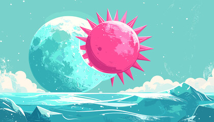Stylized illustration of a pink sun partially eclipsing a blue moon over a landscape.