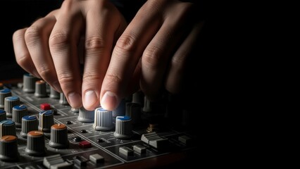 Close-up of hands adjusting knobs on an audio mixer in a dark studio setting.