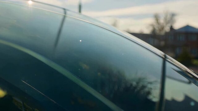 A car's windshield against a soft bokeh backdrop, with the sunlight gently reflecting on the glass. The glass is crystal clear, hinting at the outside. 