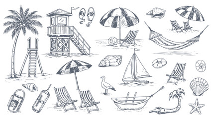 Beach scene with lifeguard tower and various beach items Vector, illustration