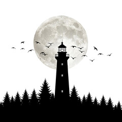 Mystical Lighthouse Silhouette Under Full Moon with Flying Birds & Forest at Night