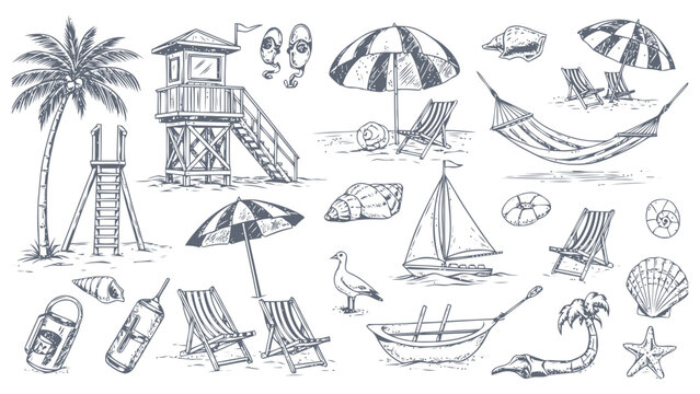 Beach scene with lifeguard tower and various beach items Vector, illustration