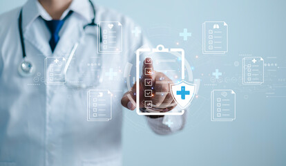 Doctors and the medical revolution, virtual reality and technological advancements, artificial intelligence (AI), and diagnostic reporting, health check concepts.