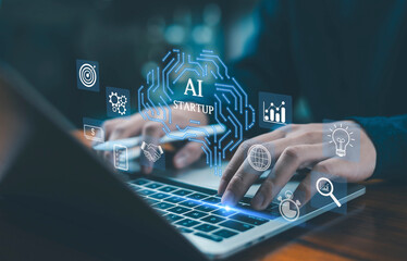 Futuristic AI startup concept featuring a glowing digital brain above a laptop as a businessman interacts with the device, surrounded by icons of analytics, global technology, and business strategy.