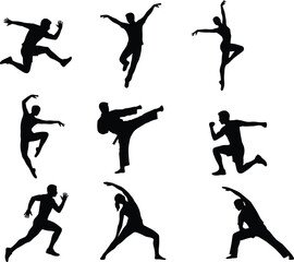Fototapeta premium Diverse silhouettes set of active people including running jumping dancing yoga and karate poses isolated on white background for sport design.