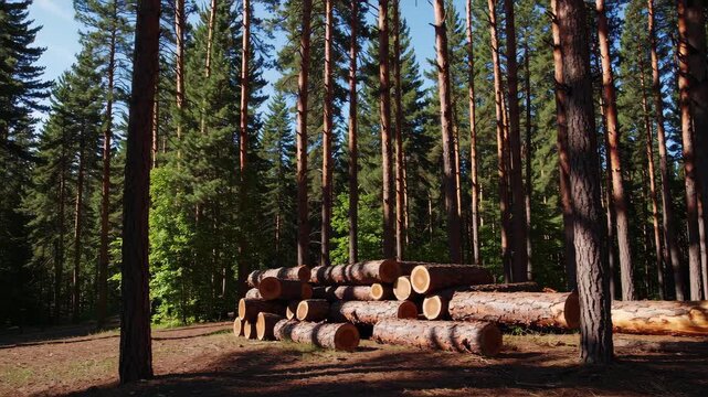 freshly cut logs stacked in a forest clearing, warm sunlight filtering through tall pine trees, natural woodland atmosphere, detailed texture of tree bark and cut wood