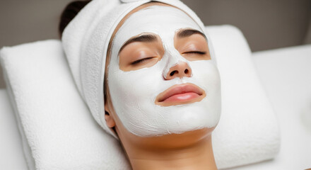 A smiling woman with a white face mask lying on a towel, perfect for joyful wellness themes and spa relaxation goals