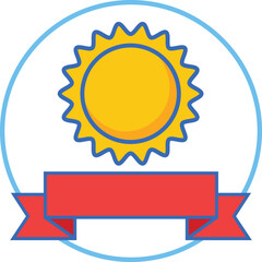 Yellow sun with red ribbon badge