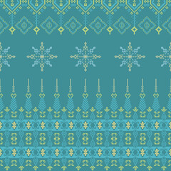 Seamless pattern with ethnic ornaments. Vector illustration. Turquoise and yellow cross-stitch vintage pattern. Pixel design pattern for tapestry, textiles, rugs, and wallpaper.