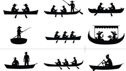 Boat rowing and fishing silhouettes vector set, people paddling canoes and gondolas, traditional water transport scenes, black icons isolated on white background © It's Sahed