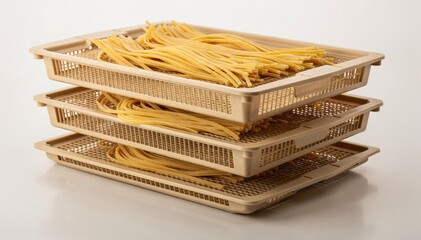 Close medium shot focusing on advanced composite stackable pasta drying trays emphasizing innovative design for efficient drying and sustainability.