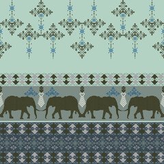 Cross-stitch elephants. Pixel ethnic seamless pattern with elephants. Tribal pattern. Vector illustration. Ideas for textiles, tapestry, wallpaper, tiles, and rugs.
