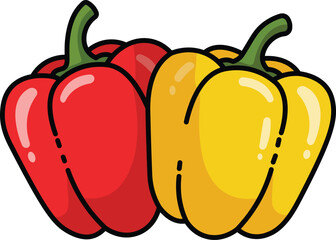 Two red and yellow bell peppers with green stems on a white background red pepper yellow pepper