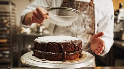 Baker dusts chocolate cake with powdered sugar in a professional kitchen video
