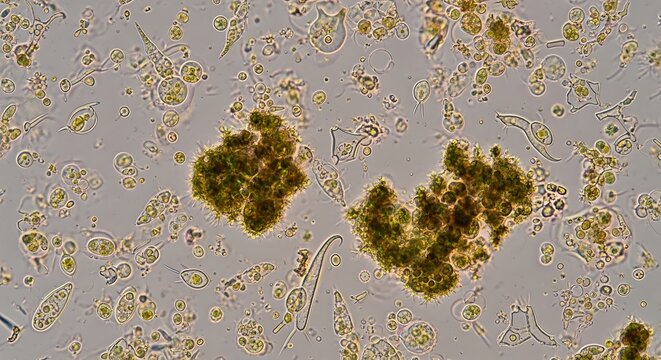 Real microscopic view of diverse microorganisms and protozoa found in a drop of stagnant pond water