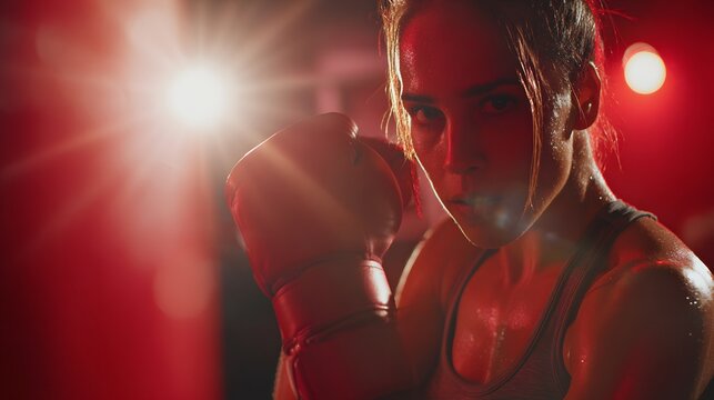Focused Female Boxer in Intense Training Session Under Dramatic Lighting. - Powered by Adobe