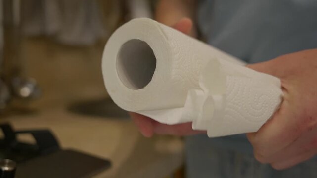 Close up of a hand tearing paper towels from a roll in a kitchen. Focus on fingers and paper texture, showing a simple everyday household action indoors. High quality 4k footage