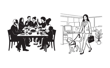 Family Dinner Gathering Silhouette and Blind Businesswoman with Guide Dog Vector Illustration Set