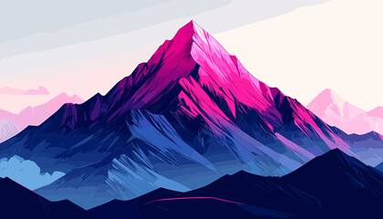 A vibrant mountain landscape featuring a prominent peak with pink and blue hues, set against a pastel sky, creating a serene and majestic scene.