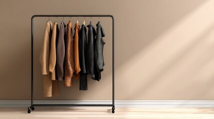 Stylish clothing rack displaying a variety of fashionable sweaters and coats in a minimalist interior setting with natural light and neutral tones.