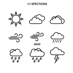 Fototapeta premium Clean modern line art weather icons set featuring sun clouds wind rain and lightning for app design