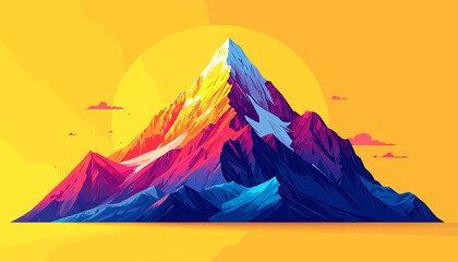 A vibrant, stylized mountain range with a snow-capped peak against a warm, sunny yellow background.