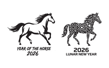 Year of the Horse 2026 Lunar New Year Set: Solid Silhouette and Geometric Pattern Vector Illustration