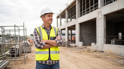 Caucasian man engineer in safety vest and helmet standing with crossed arms at building site. Construction industry and architectural development banner with copy space