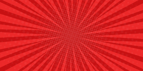 Red comic sunburst effect background with halftone. pop art comic-style vector background. Suitable for templates, sale banners, events, ads, web and pages