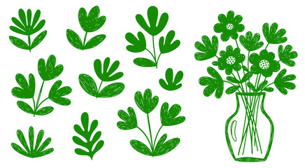 Naive Organic Abstract Flowers Set Hand Drawn Doodle Floral Elements Texture Shapes Vase Childish Decorative Natural Spring Matisse Collection Scribble Black Botanical