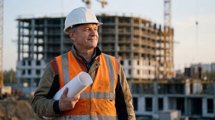 Mature caucasian man in hard hat and safety vest holding blueprints at construction site. Industrial development and engineering leadership banner with copy space