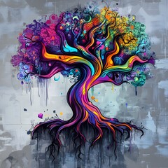 Obraz premium A vividly colored tree of life stands out against a neutral, textured background.