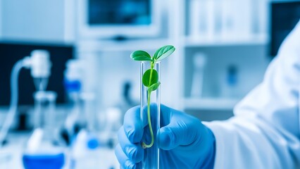 A small plant is carefully held in a laboratory test tube