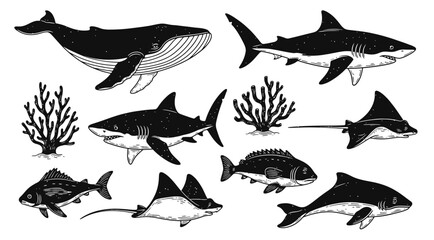 Ocean Animal Linocut Set Whale Grunge Print Woodcut Stamp Wild Sea Mammal Silhouette Summer Marine Retro Collection © SHEULI