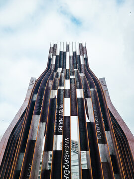 Memorial to the Victims of the Genocide of the Crimean Tatar People. A low-angle view of corten steel memorial, which features a natural rusted patina. Kyiv, Ukraine - February 15 2025