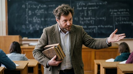 Caucasian man with beard and messy hair holding books and gesturing while giving lecture in classroom. Education and academic lifestyle